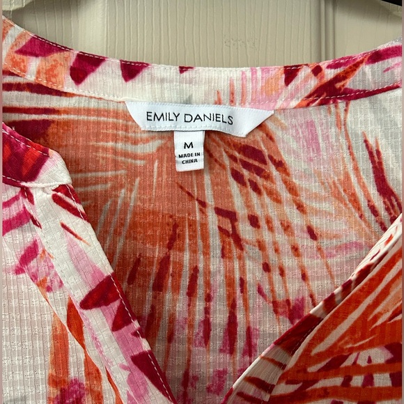 Emily Daniels 3/4 Ruched Sleeve V Neck Palm Leaf Red Orange Pink Blouse Size M - Picture 5 of 10